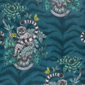 Emma J Shipley Animalia Lemur Wallpaper Navy W0103/03 By Clarke & Clarke