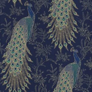 Portfolio Peacock Wallpaper Navy / Gold Rasch 282992