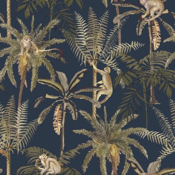 Amazonia Monkey Trees Jungle Wallpaper Navy Blue World of Wallpaper WOW038