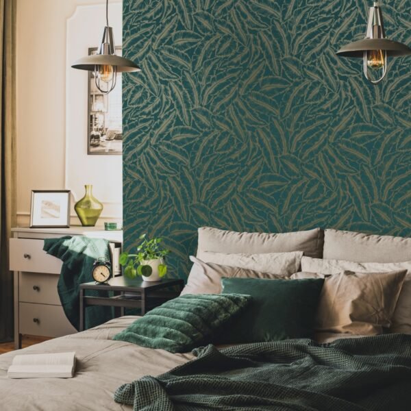 Elgin Tropical Leaf Wallpaper Teal/Gold Holden 65733