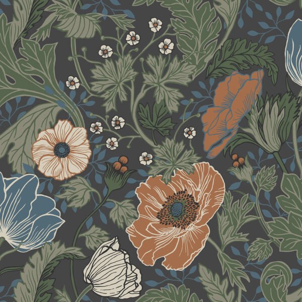 Apelviken Anemone Wallpaper Black Orange Galerie 33003