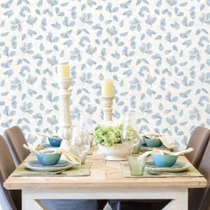 Evergreen Fossil Leaf Toss Wallpaper Blue Beige Galerie 7302