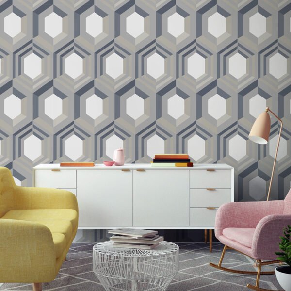 Galactik Wallpaper Hexagon Cream & Blue Muriva J407-08