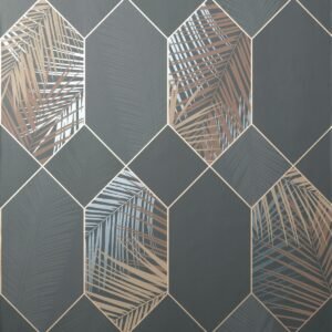 Miami Geometric Leaf Wallpaper Charcoal / Copper Fine Decor FD42833