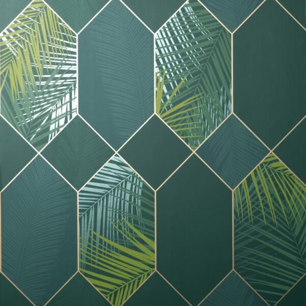 Miami Geometric Leaf Wallpaper Emerald / Gold Fine Decor FD42836