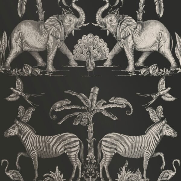 Colonial Elephants Wallpaper Charcoal / Pale Gold Graham and Brown 112588