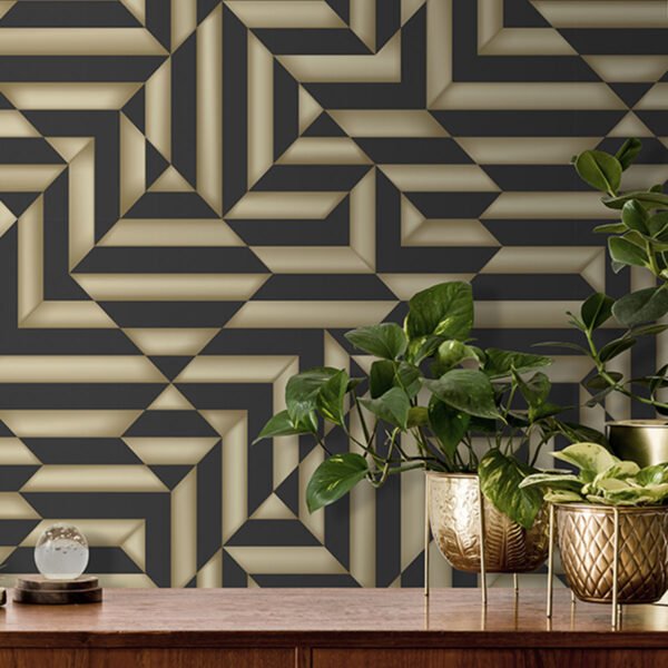 Galactik Wallpaper Trapez Geo Black & Gold Muriva L858-09