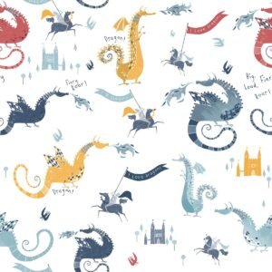 Tiny Tots 2 Dragons Wallpaper Navy Red Yellow Blue Galerie G78369