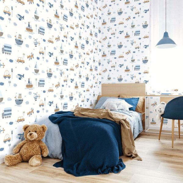 Tiny Tots 2 Transportation Wallpaper Brown Sky Blue Navy Galerie G78416