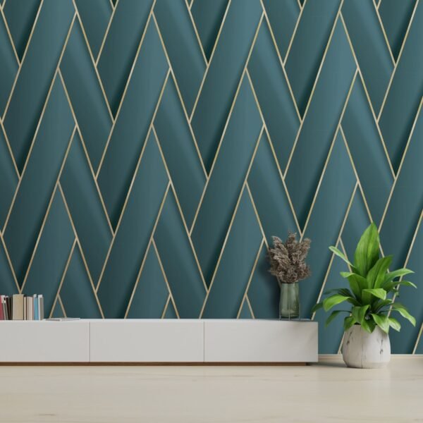 Armando Herringbone Geometric Wallpaper Teal / Gold Debona 2122