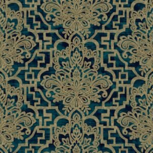 Damask Trellis Wallpaper Teal / Gold Grandeco 186901