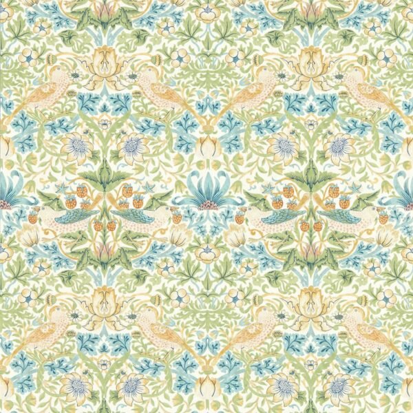 William Morris Strawberry Thief Wallpaper Apple Green and Blush W0171/01