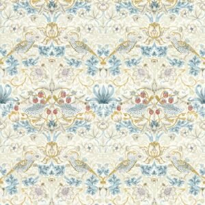 William Morris Strawberry Thief Wallpaper Linen Grey and Plum W0171/03