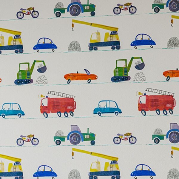 Harlequin Just Keep Trucking Wallpaper Tomato Red/Marine/Gecko Green HLTF112643