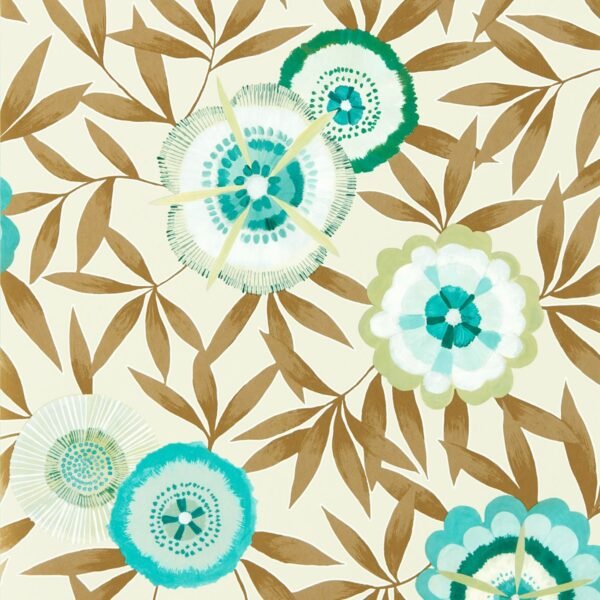 Harlequin Komovi Floral Wallpaper Lagoon Green and Gold HSAW112159