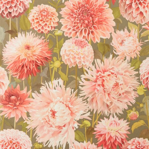 Harlequin Dahlia Wallpaper Coral / Fig Leaf / Gilver HQN2112845