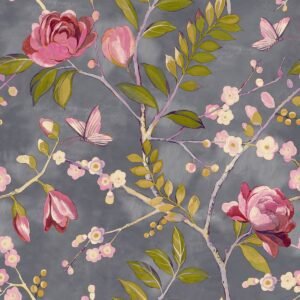 Lola Floral Wallpaper Charcoal / Pink Grandeco 197001