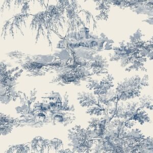 Toile Trees Wallpaper Blue Grandeco A69802