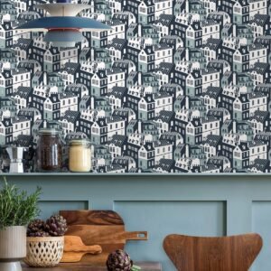 Travelogue Collection Emma's Apartment Wallpaper High Tide Teal and Zinc Mini Moderns MMTLG06HT