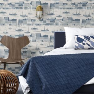 Travelogue Collection Postcard to Inger Wallpaper Washed Denim Blue Mini Moderns MMTLG05WD