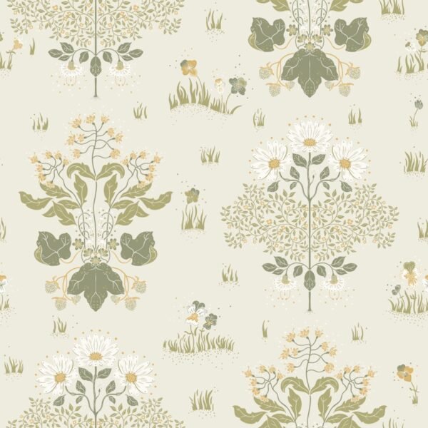 Hjarterum Edla Arts and Crafts Inspired Wallpaper White Green Galerie 83133