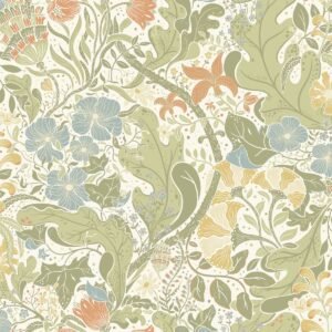 Hjarterum Elise Arts and Crafts Inspired Wallpaper Cream Green Orange Blue Galerie S83101